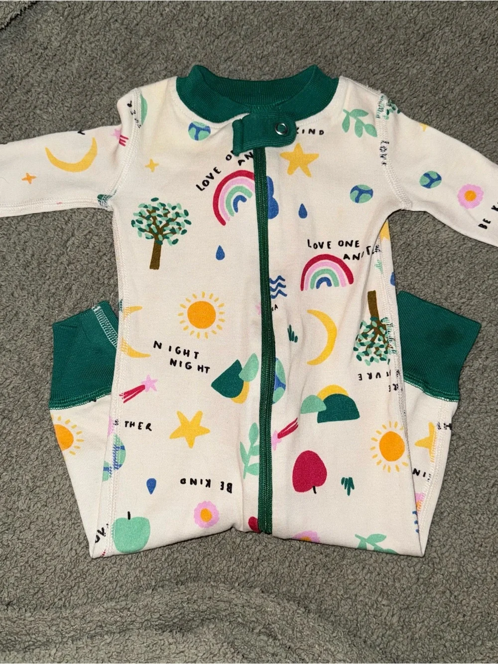Hanna Andersson Cream Romper with Green Trim and Multicolor Prints